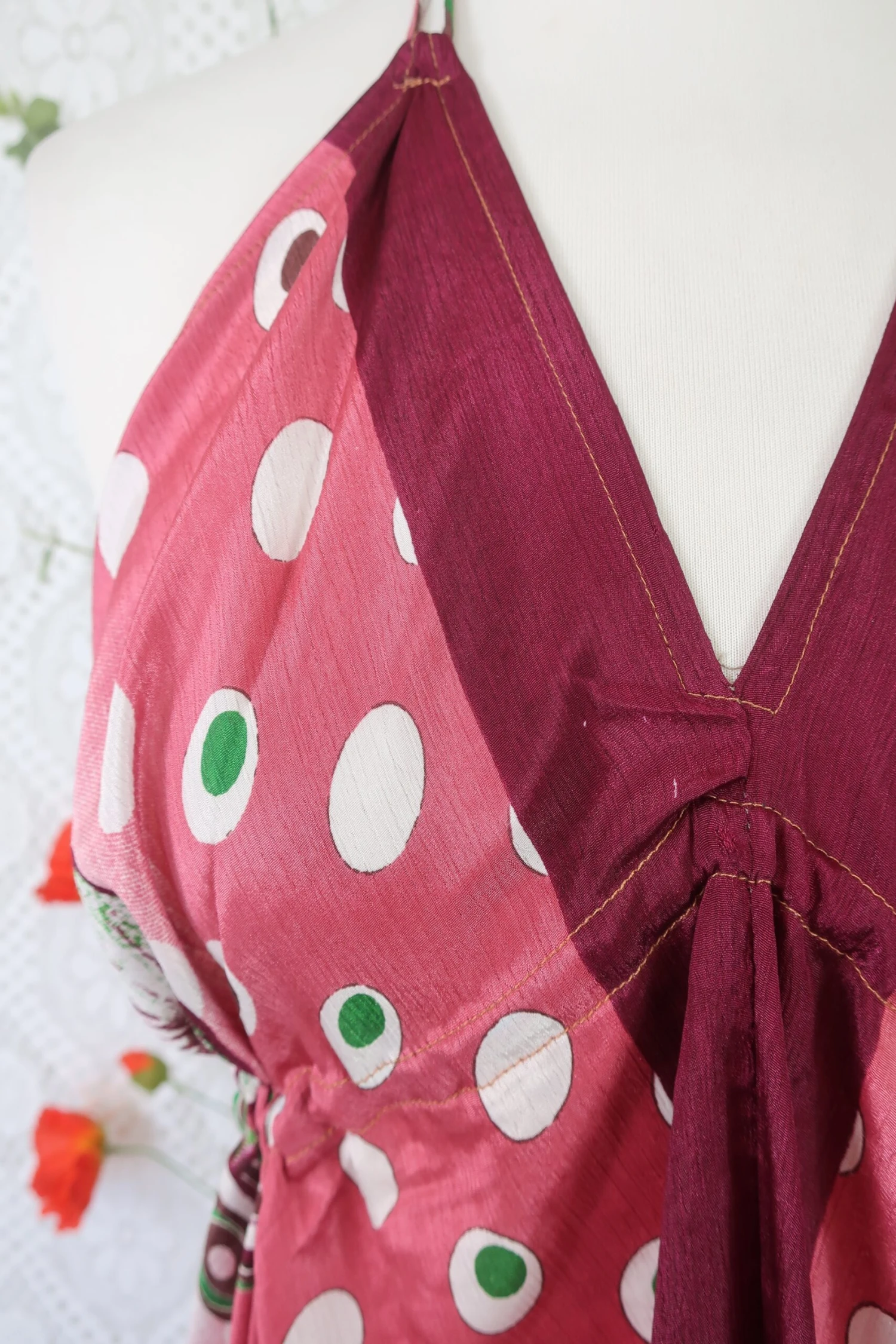 Medusa Halter Dress - Vintage Indian Sari - Rouge Blush & Aubergine Floral (Free Size) 6 Medusa Halter Dress - Vintage Indian Sari - Rouge Blush & Aubergine Floral (Free Size) - Image 6