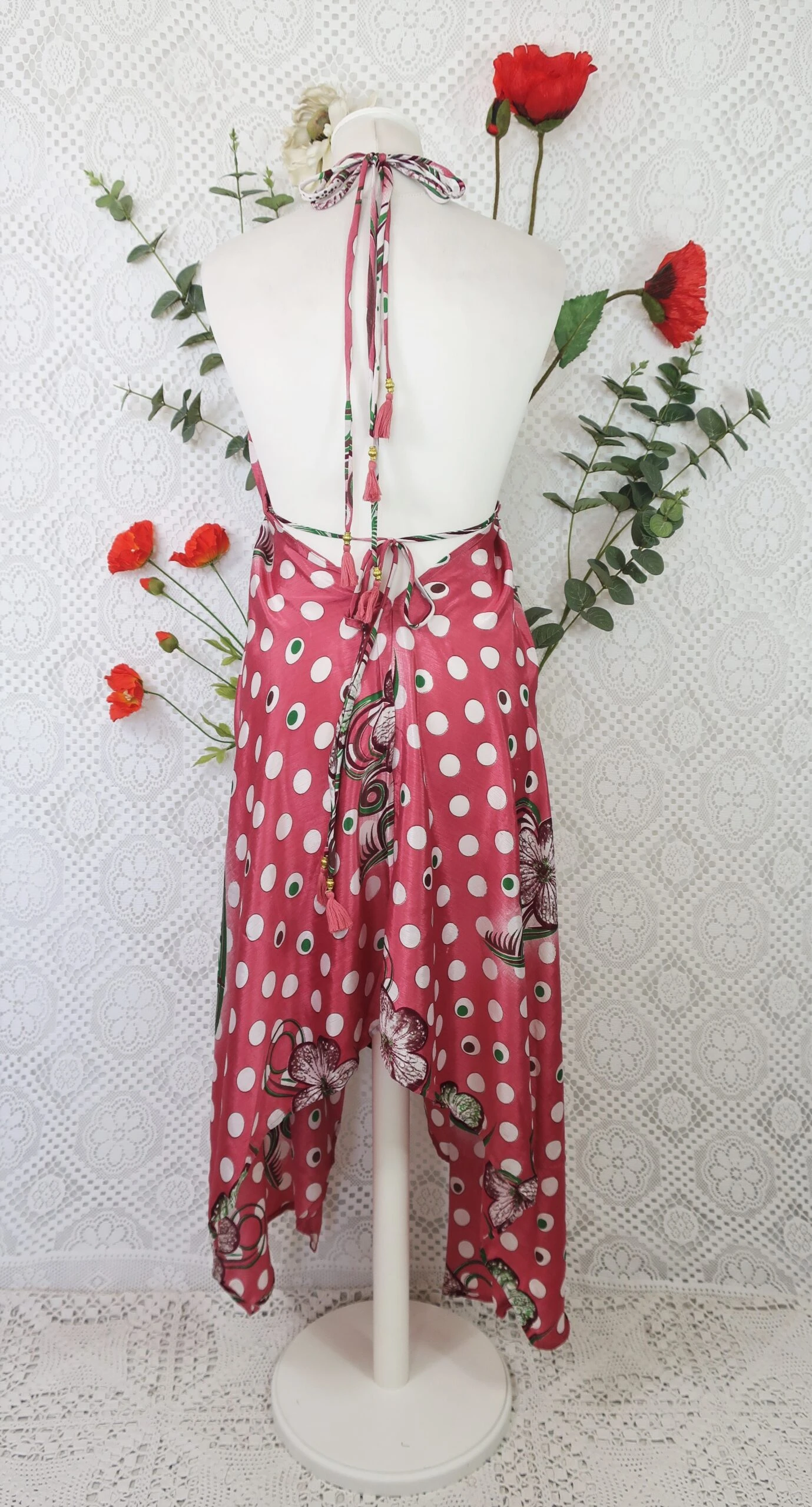 Medusa Halter Dress - Vintage Indian Sari - Rouge Blush & Aubergine Floral (Free Size) 5 Medusa Halter Dress - Vintage Indian Sari - Rouge Blush & Aubergine Floral (Free Size) - Image 5