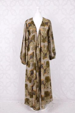 SALE Lola Long Wrap Dress - Vintage Indian Sari - Olive Amber & Jet Floral - Size S/M -KIKIS Clothing Shop IMG 7859