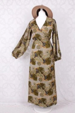 SALE Lola Long Wrap Dress - Vintage Indian Sari - Olive Amber & Jet Floral - Size S/M
