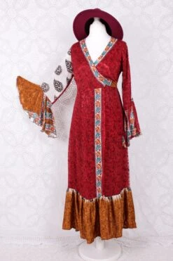 SALE Sylvia Wrap Dress - Vintage Indian Sari - Ivory & Crimson Shimmer (XS - S)