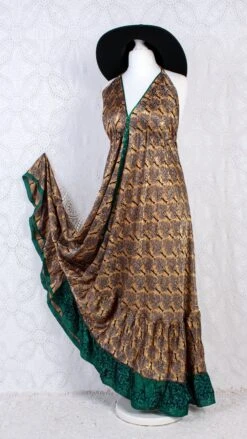 Blossom Halter-Neck Maxi Dress - Gold, Navy & Dark Green Trees Sari (Free Size)