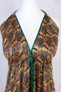Blossom Halter-Neck Maxi Dress - Gold, Navy & Dark Green Trees Sari (Free Size) -KIKIS Clothing Shop IMG 8050b