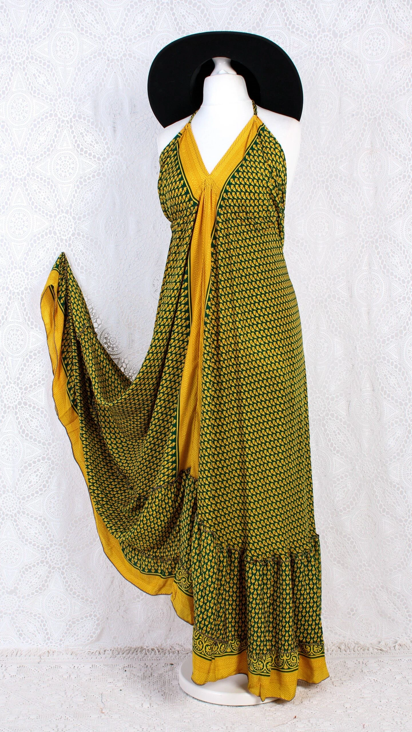 Blossom Halter-Neck Maxi Dress - Yellow & Dark Green Floral Sari (Free Size) 1 Blossom Halter-Neck Maxi Dress - Yellow & Dark Green Floral Sari (Free Size)