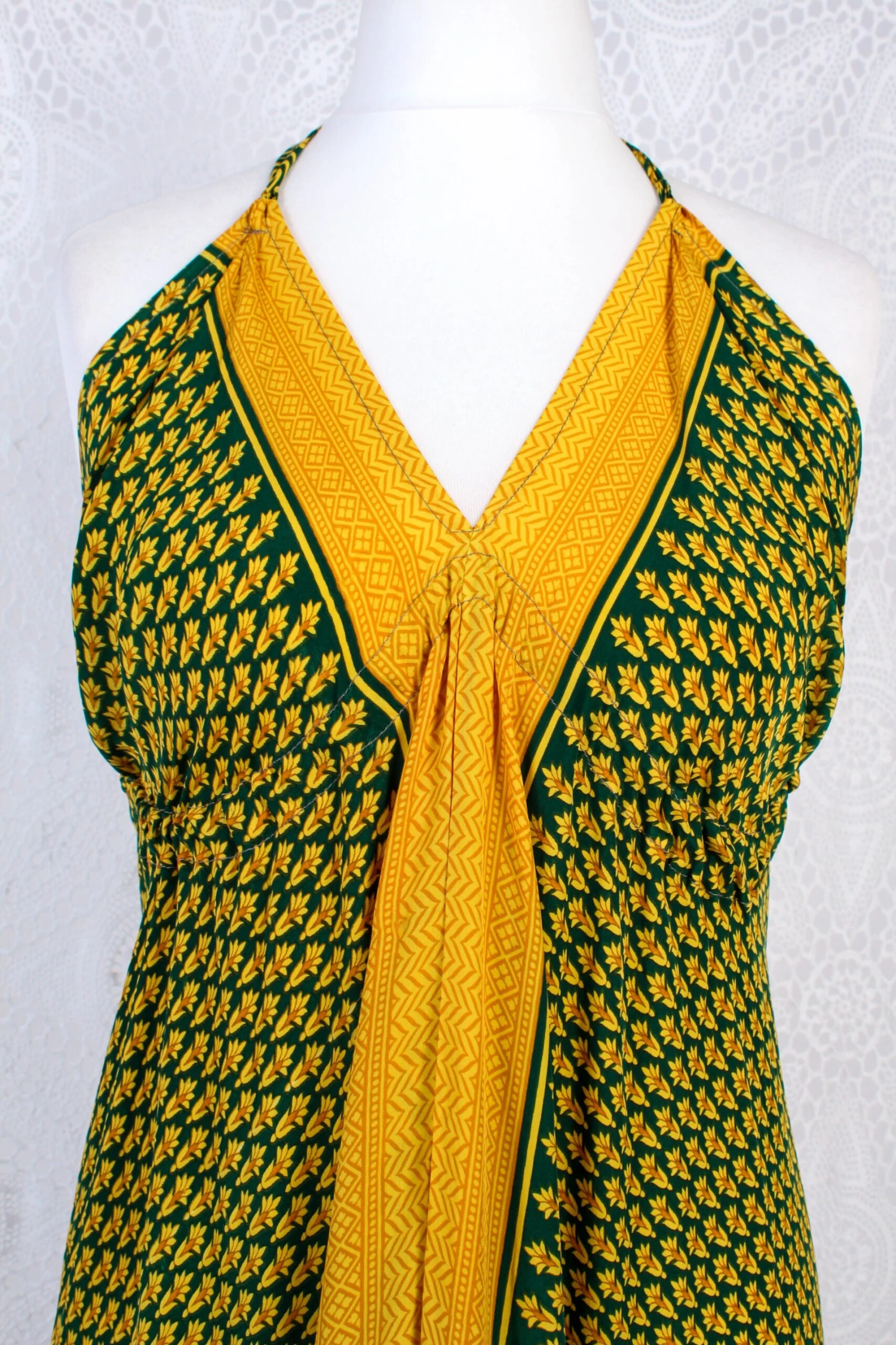 Blossom Halter-Neck Maxi Dress - Yellow & Dark Green Floral Sari (Free Size) 3 Blossom Halter-Neck Maxi Dress - Yellow & Dark Green Floral Sari (Free Size) - Image 3