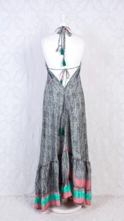 Blossom Halter-Neck Maxi Dress - Pink, Grey & Aqua Floral Sari (Free Size) -KIKIS Clothing Shop IMG 8112b