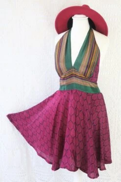 Sydney Mini Halter Dress - Plum & Pine Vintage Indian Sari - XS - S