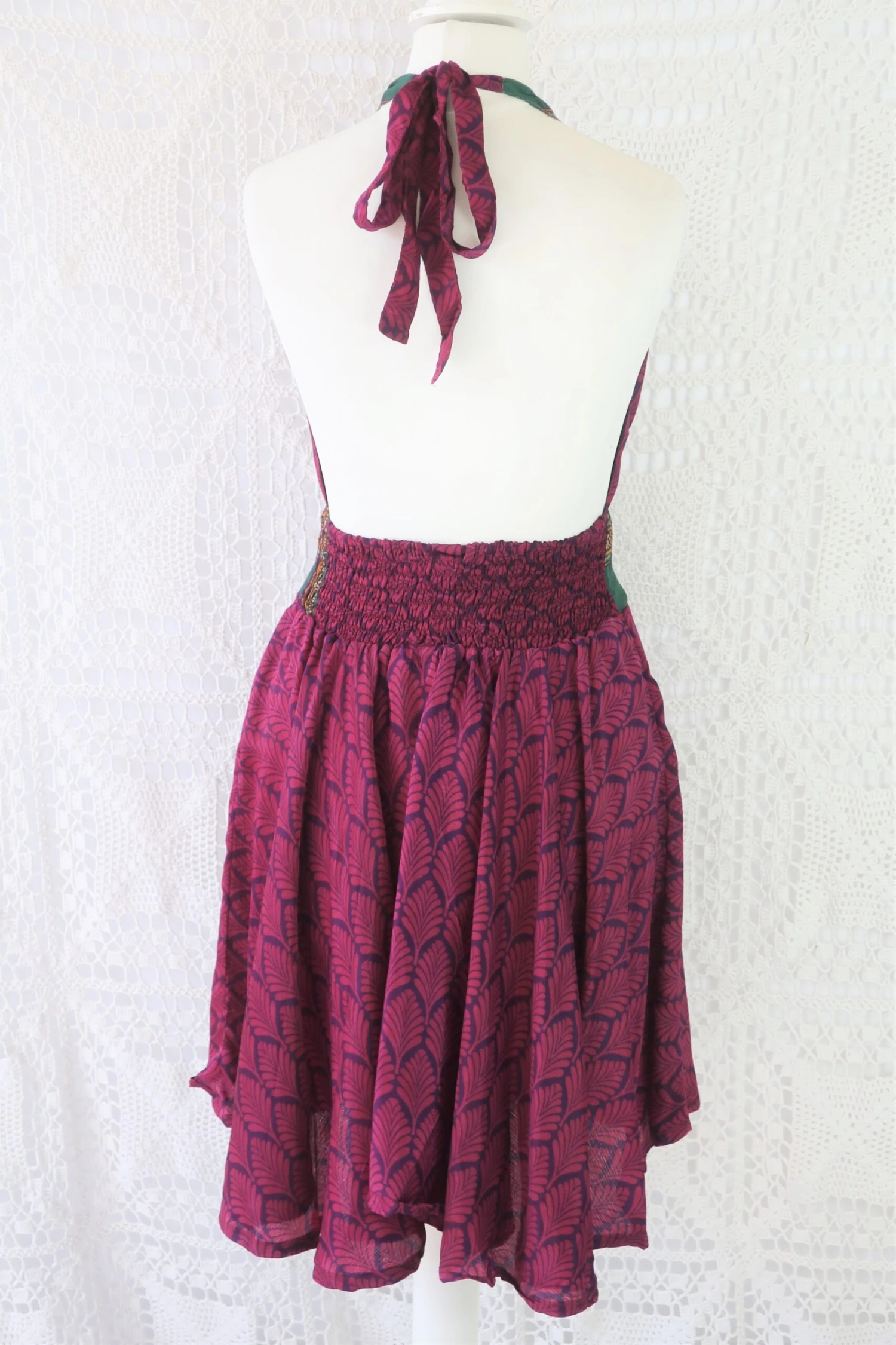 Sydney Mini Halter Dress - Plum & Pine Vintage Indian Sari - XS - S 4 Sydney Mini Halter Dress - Plum & Pine Vintage Indian Sari - XS - S - Image 4