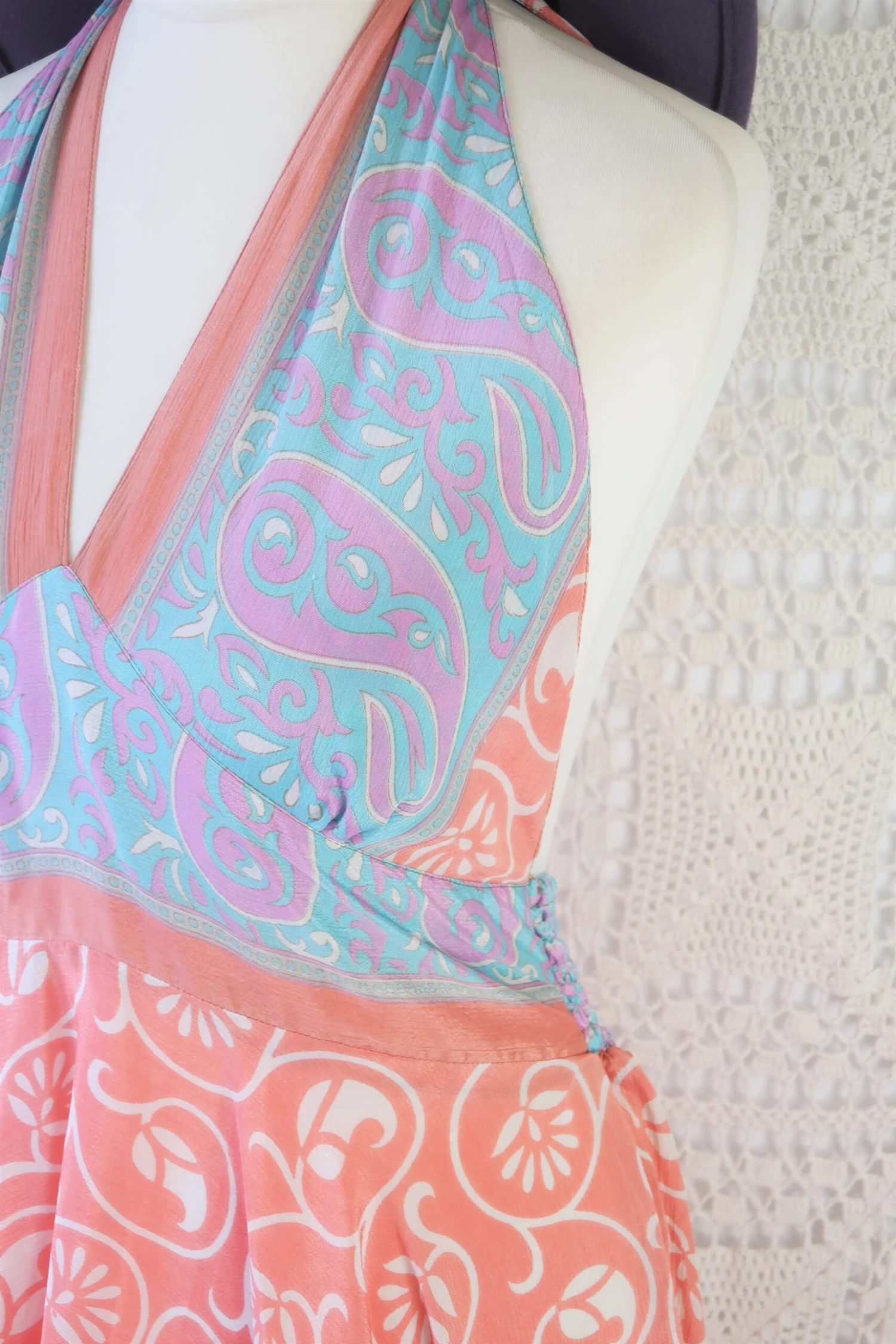 Sydney Mini Halter Dress - Peachy Keen Vintage Indian Sari - XS - M 2 Sydney Mini Halter Dress - Peachy Keen Vintage Indian Sari - XS - M - Image 2