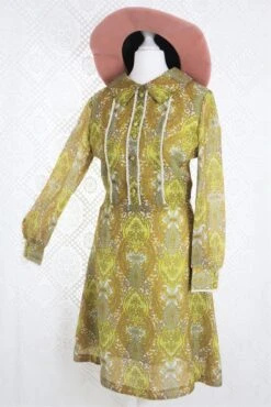 Vintage 60s Boho Mini Dress - Bright Yellow & Gold Paisley - Size XXS