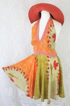 Sydney Mini Halter Dress - Lime & Orange Vintage Indian Sari - XS - M