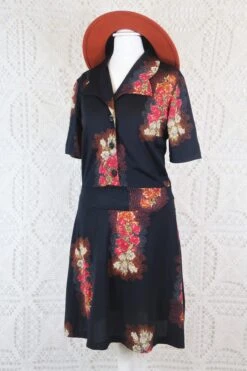 Vintage Mini Dress - Pitch Black With Pink Floral - Size XS/S