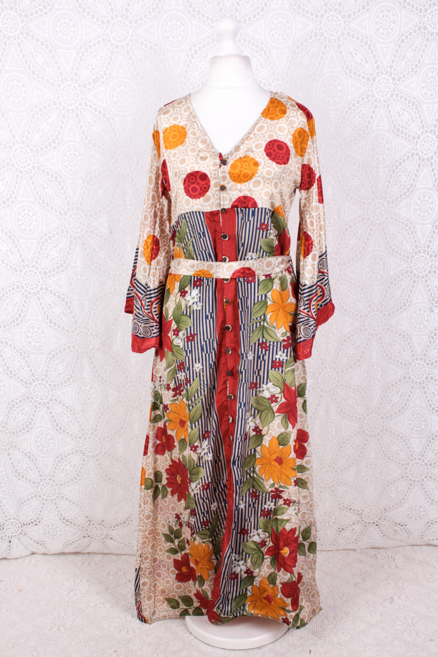Jasmine Maxi Dress - Cherry, Prussian, & Mustard Floral Vintage Sari - Size S/M 2 Jasmine Maxi Dress - Cherry, Prussian, & Mustard Floral Vintage Sari - Size S/M - Image 2