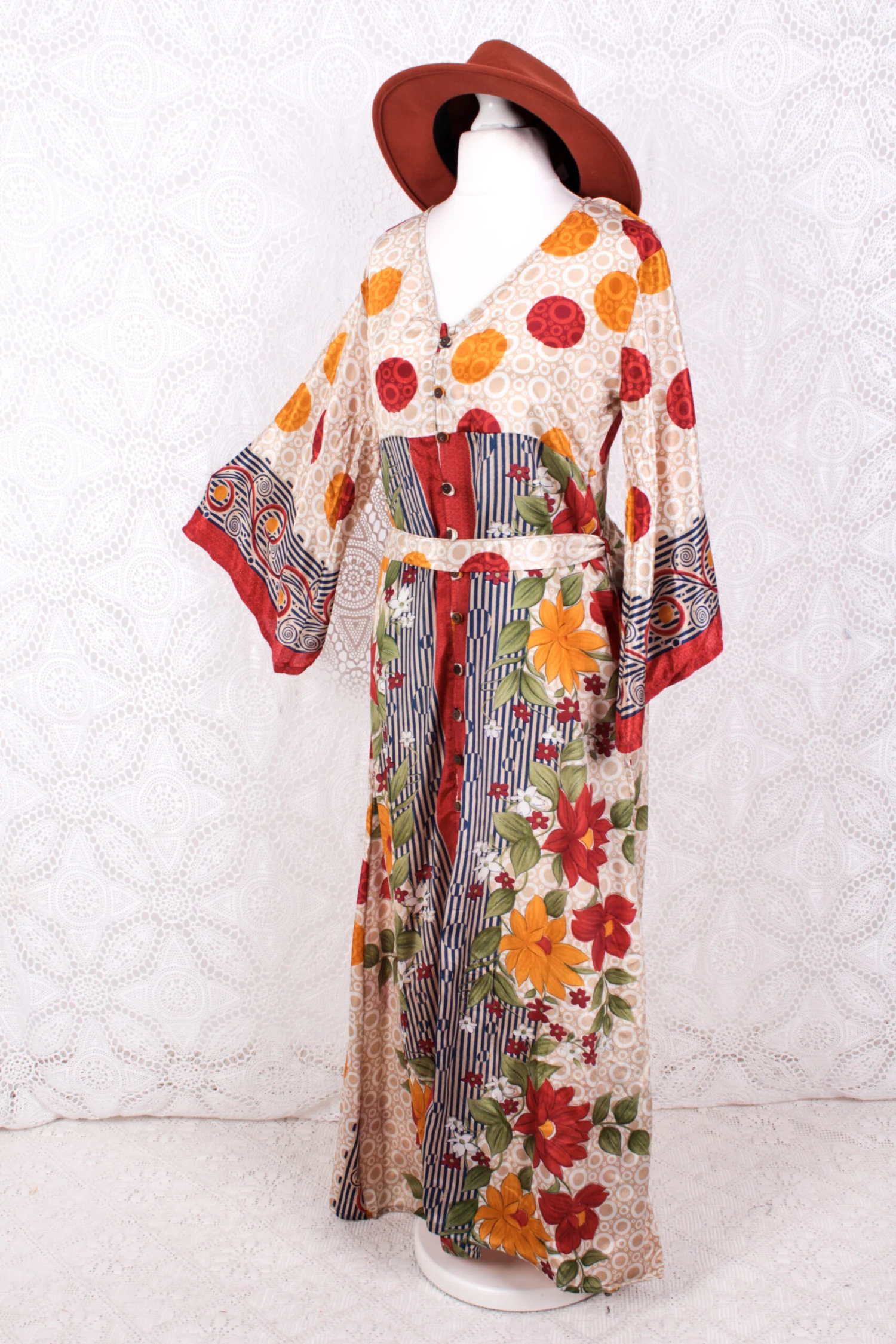 Jasmine Maxi Dress - Cherry, Prussian, & Mustard Floral Vintage Sari - Size S/M 1 Jasmine Maxi Dress - Cherry, Prussian, & Mustard Floral Vintage Sari - Size S/M