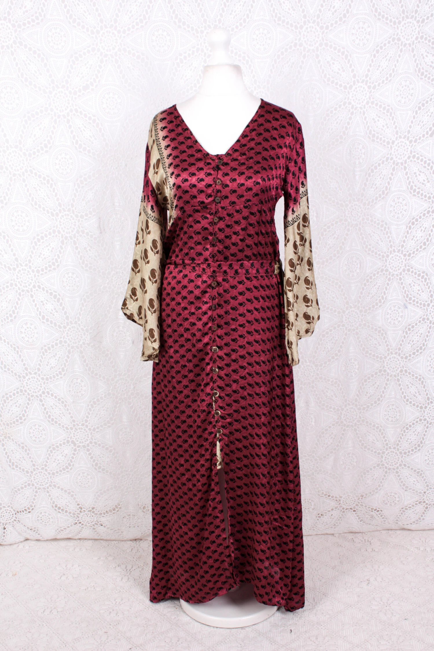 Jasmine Maxi Dress- Sangria, Gold & Ivory Shimmery Fleur De Lis Vintage Sari - Size S/M 2 Jasmine Maxi Dress- Sangria, Gold & Ivory Shimmery Fleur De Lis Vintage Sari - Size S/M - Image 2