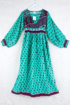 Rosemary Maxi Dress -Vintage Indian Sari - Burgundy & Bright Seafoam Floral - Size S/M