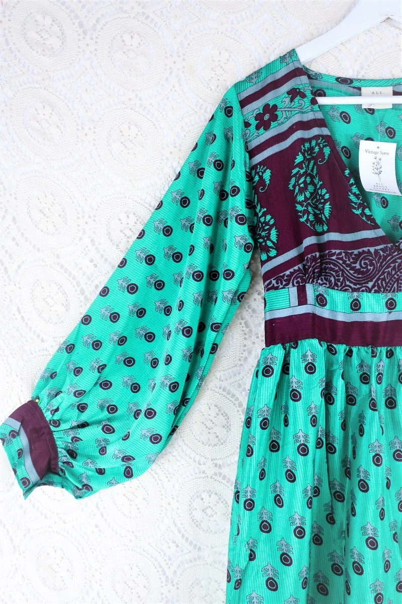 Rosemary Maxi Dress -Vintage Indian Sari - Burgundy & Bright Seafoam Floral - Size S/M 2 Rosemary Maxi Dress -Vintage Indian Sari - Burgundy & Bright Seafoam Floral - Size S/M - Image 2