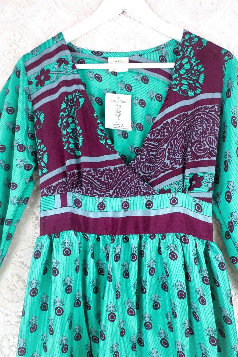 Rosemary Maxi Dress -Vintage Indian Sari - Burgundy & Bright Seafoam Floral - Size S/M 3 Rosemary Maxi Dress -Vintage Indian Sari - Burgundy & Bright Seafoam Floral - Size S/M - Image 3
