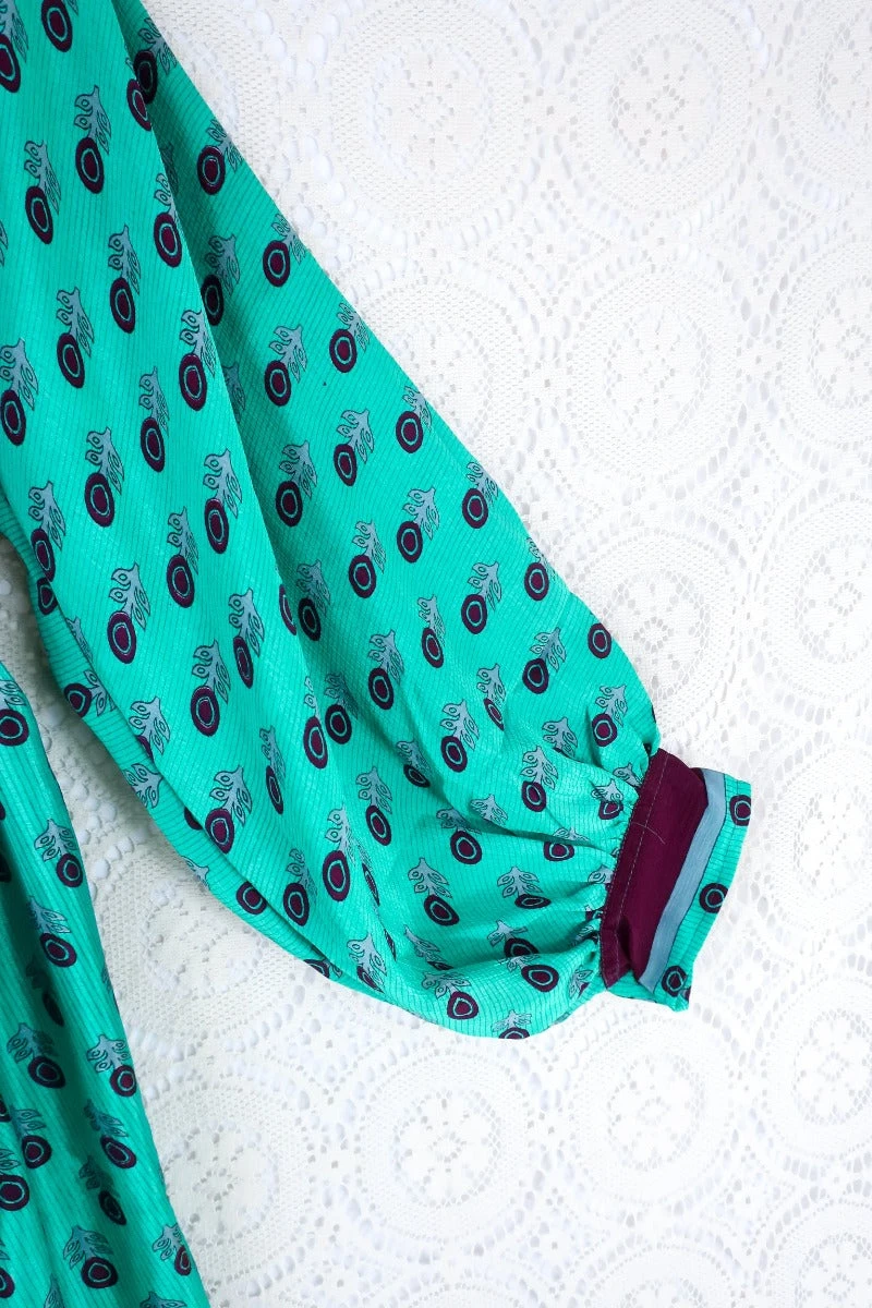 Rosemary Maxi Dress -Vintage Indian Sari - Burgundy & Bright Seafoam Floral - Size S/M 4 Rosemary Maxi Dress -Vintage Indian Sari - Burgundy & Bright Seafoam Floral - Size S/M - Image 4