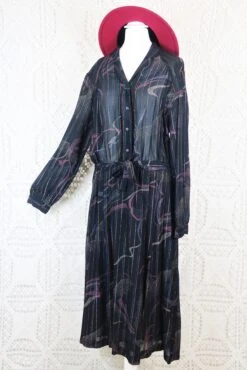 Vintage Midi Dress - Sheer Black Abstract With Metallic Thread - Free Size