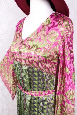 Jasmine Maxi Dress - Pink & Lime Shimmer Vintage Sari - Size S/M -KIKIS Clothing Shop IMG 8727 0952c46a afe2 4907 9101 82406d47b09d