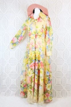 Vintage Maxi Dress - Sheer Daffodil & Bright Spring Florals - Size S