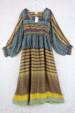 Rosemary Maxi Dress -Vintage Indian Sari - Cedar, Sun & Sky Graphic Print - Size L