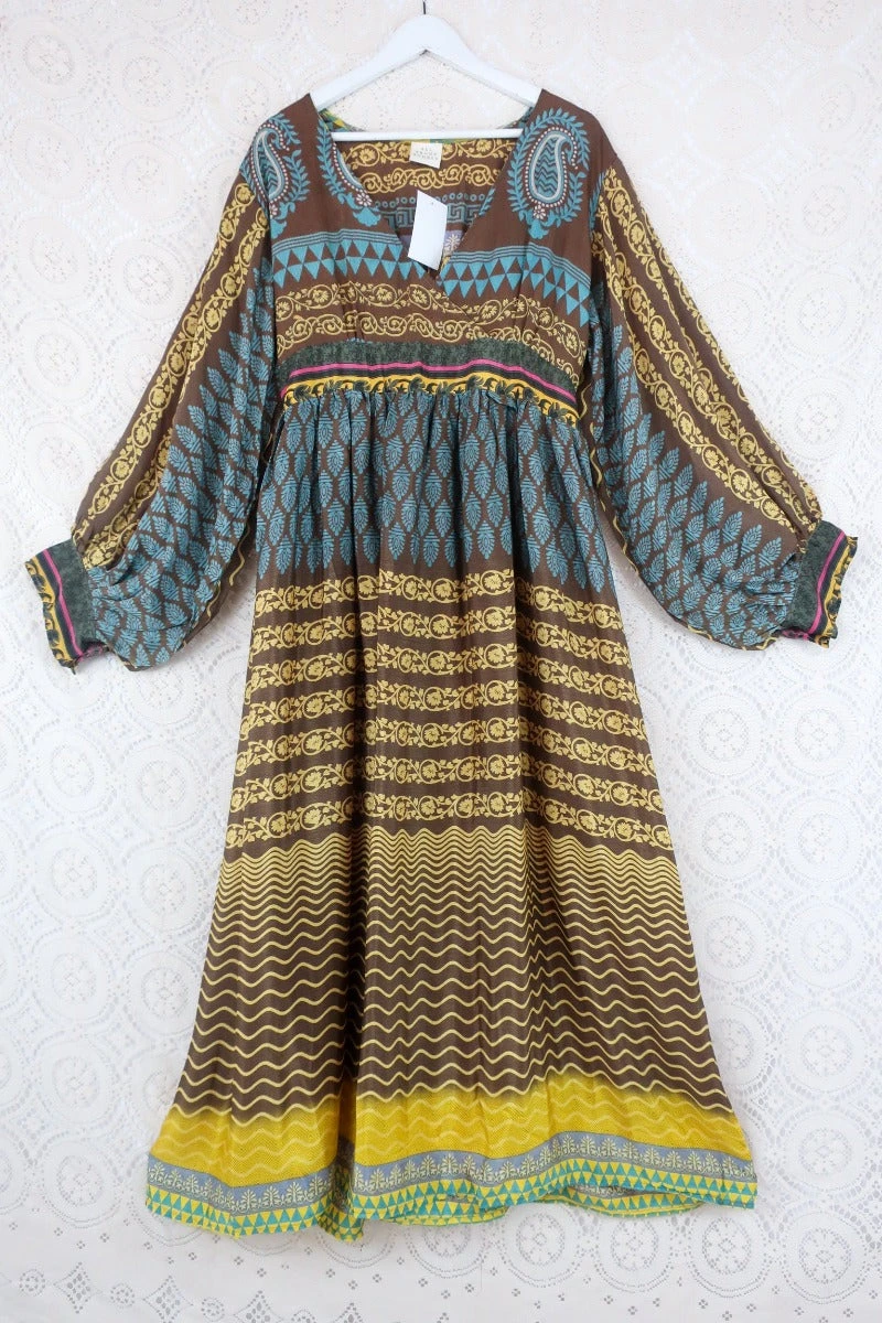Rosemary Maxi Dress -Vintage Indian Sari - Cedar, Sun & Sky Graphic Print - Size L 1 Rosemary Maxi Dress -Vintage Indian Sari - Cedar, Sun & Sky Graphic Print - Size L