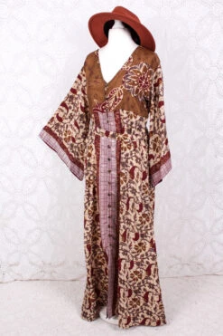 Jasmine Maxi Dress - Umber, Russet & Sandstone Bold Floral Vintage Sari - Size M/L