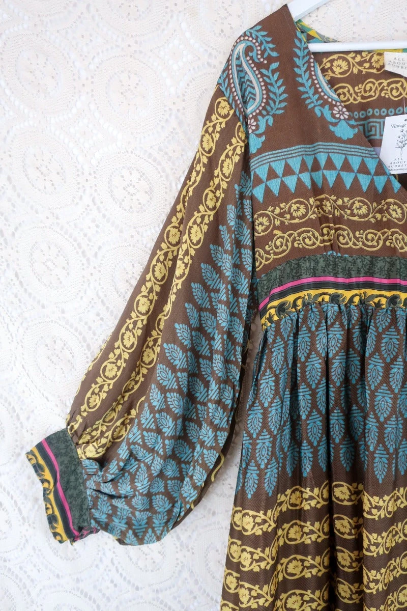 Rosemary Maxi Dress -Vintage Indian Sari - Cedar, Sun & Sky Graphic Print - Size L 2 Rosemary Maxi Dress -Vintage Indian Sari - Cedar, Sun & Sky Graphic Print - Size L - Image 2