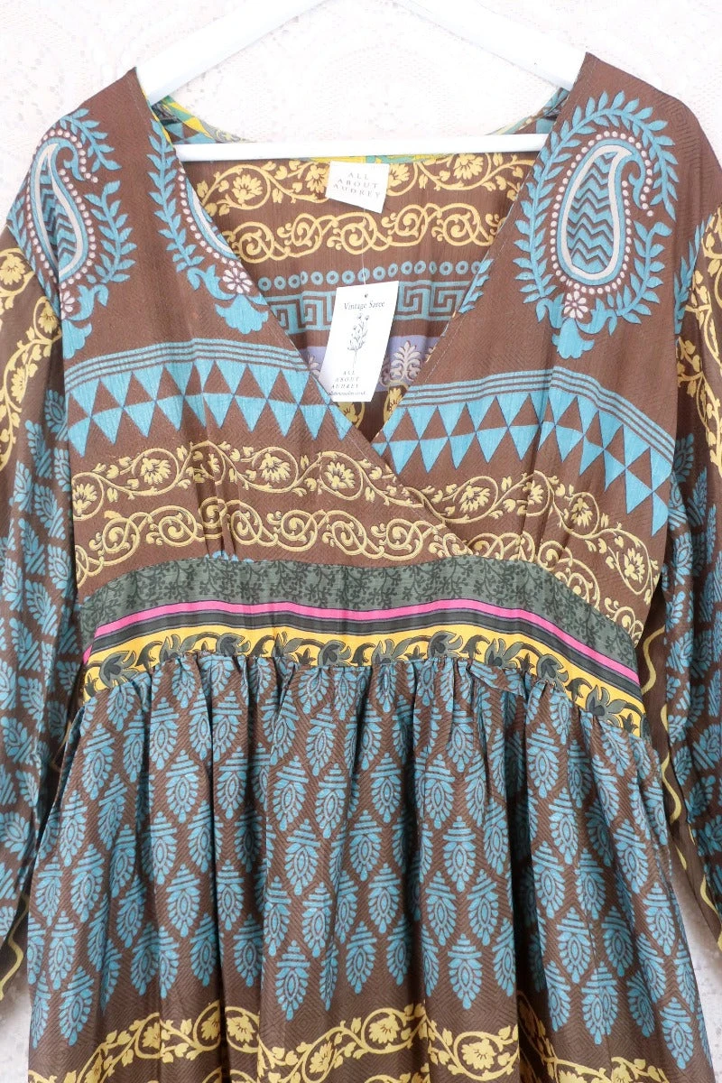 Rosemary Maxi Dress -Vintage Indian Sari - Cedar, Sun & Sky Graphic Print - Size L 3 Rosemary Maxi Dress -Vintage Indian Sari - Cedar, Sun & Sky Graphic Print - Size L - Image 3