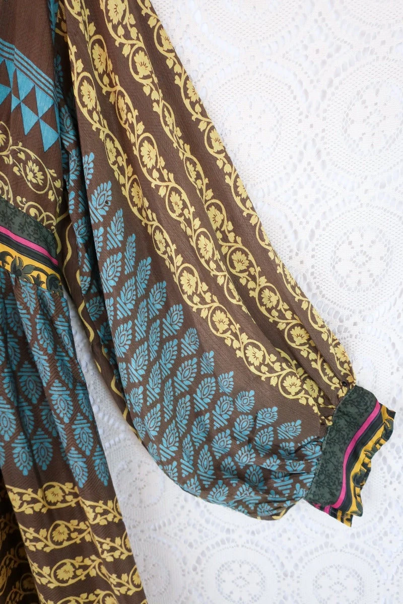 Rosemary Maxi Dress -Vintage Indian Sari - Cedar, Sun & Sky Graphic Print - Size L 5 Rosemary Maxi Dress -Vintage Indian Sari - Cedar, Sun & Sky Graphic Print - Size L - Image 5