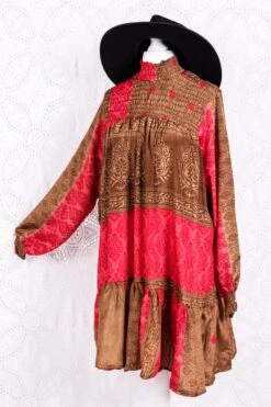 Mona Mini Dress - Vintage Indian Sari - Rose & Clay Ornate Floral - Free Size