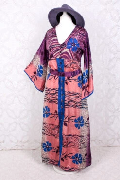 Jasmine Maxi Dress - Plum, Salmon & Azure Floral Ripple Vintage Sari - Size S/M