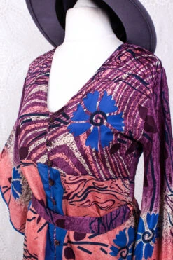 Jasmine Maxi Dress - Plum, Salmon & Azure Floral Ripple Vintage Sari - Size S/M -KIKIS Clothing Shop IMG 8763 969db7eb fe85 4e37 85e4 6e422458c466