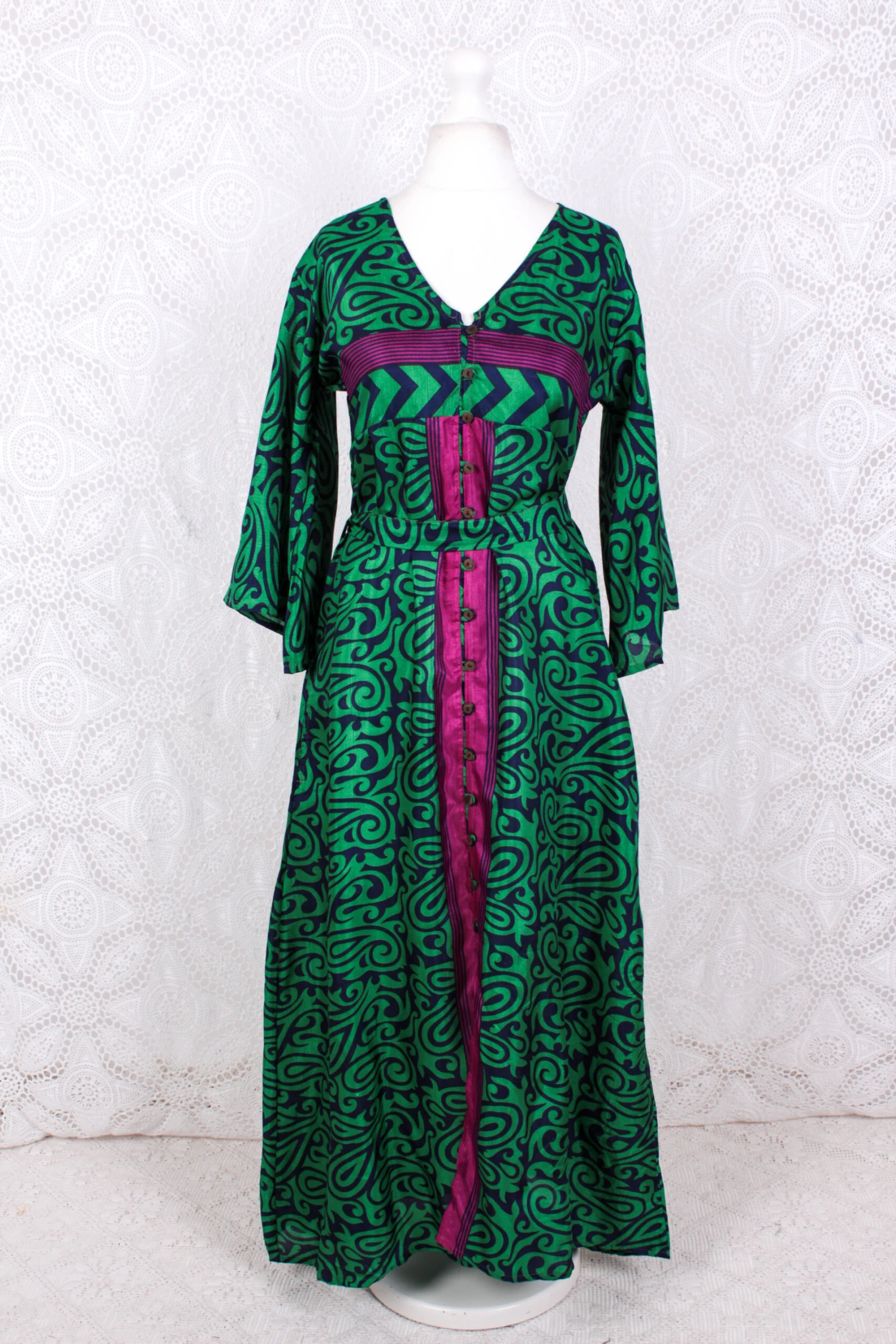 Jasmine Maxi Dress - Bright Emerald, Navy & Fuchsia Paisley Vintage Sari - Size S/M 2 Jasmine Maxi Dress - Bright Emerald, Navy & Fuchsia Paisley Vintage Sari - Size S/M - Image 2