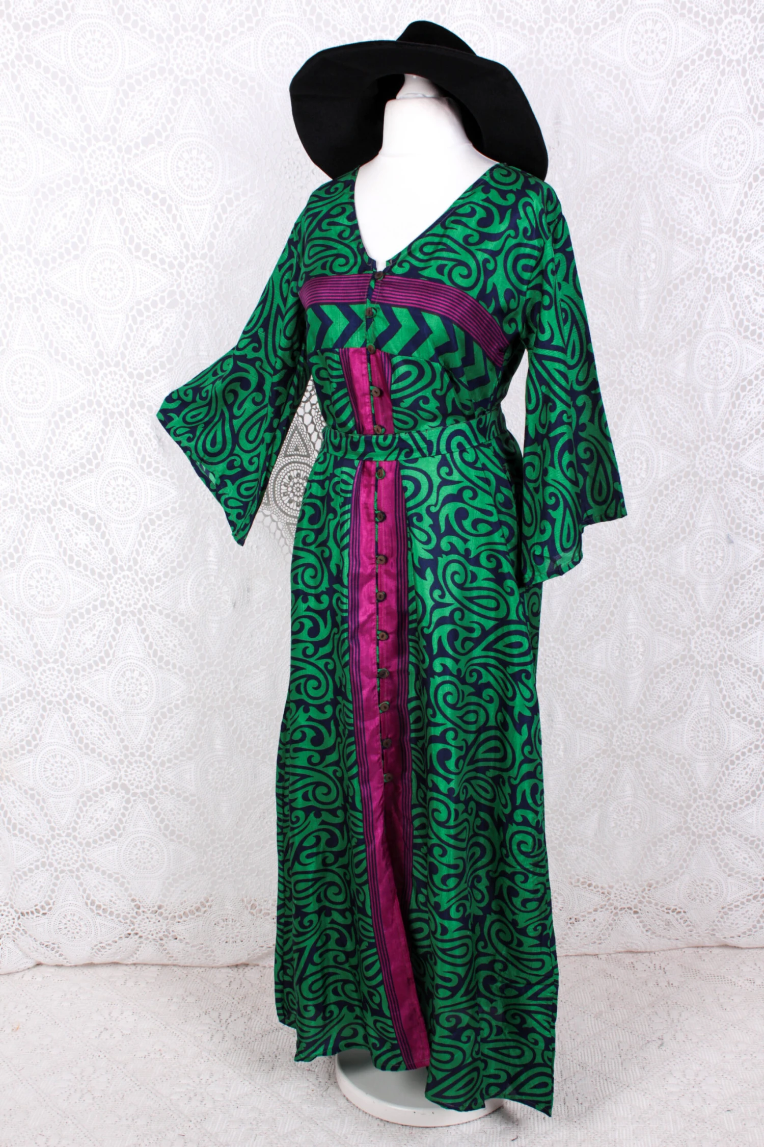 Jasmine Maxi Dress - Bright Emerald, Navy & Fuchsia Paisley Vintage Sari - Size S/M 1 Jasmine Maxi Dress - Bright Emerald, Navy & Fuchsia Paisley Vintage Sari - Size S/M
