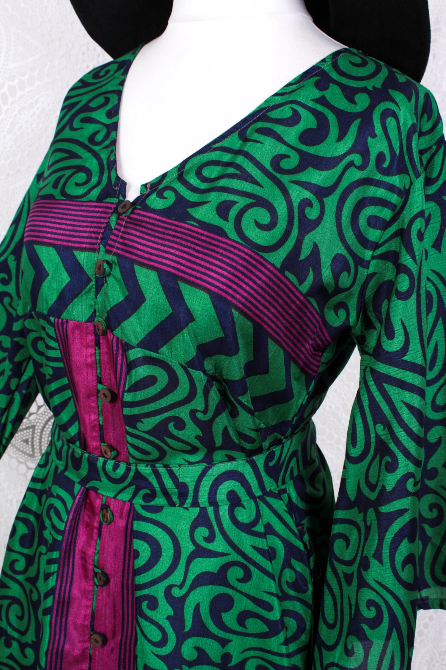 Jasmine Maxi Dress - Bright Emerald, Navy & Fuchsia Paisley Vintage Sari - Size S/M 3 Jasmine Maxi Dress - Bright Emerald, Navy & Fuchsia Paisley Vintage Sari - Size S/M - Image 3