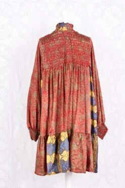 Mona Mini Dress - Vintage Indian Sari - Red, Cobalt & Bright Yellow Paisley - Free Size -KIKIS Clothing Shop IMG 8852