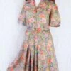 70s Vintage Midi Dress - Peach, Sapphire & Green Chrysanthemums - Size S/M
