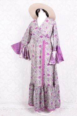 SALE Sylvia Wrap Dress - Vintage Indian Sari - Ice & Pink Pretty Floral (XS - S)