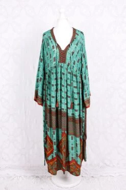 Gaia Kaftan Dress - Vintage Indian Sari - Aqua & Burnt Orange - S/M -KIKIS Clothing Shop IMG 8964 00626961 a70a 4aaf ae4f 075bb457e0de