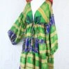 Gypsophila Mini Dress - Vintage Indian Sari - Green, Navy & Gold - Free Size