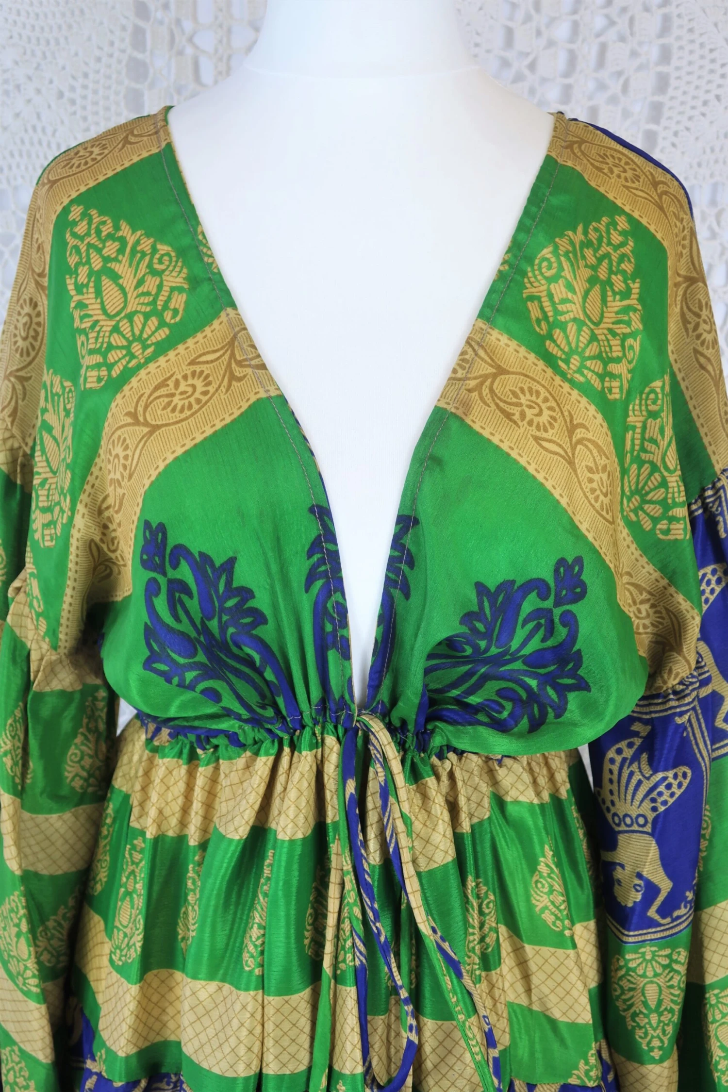 Gypsophila Mini Dress - Vintage Indian Sari - Green, Navy & Gold - Free Size 2 Gypsophila Mini Dress - Vintage Indian Sari - Green, Navy & Gold - Free Size - Image 2