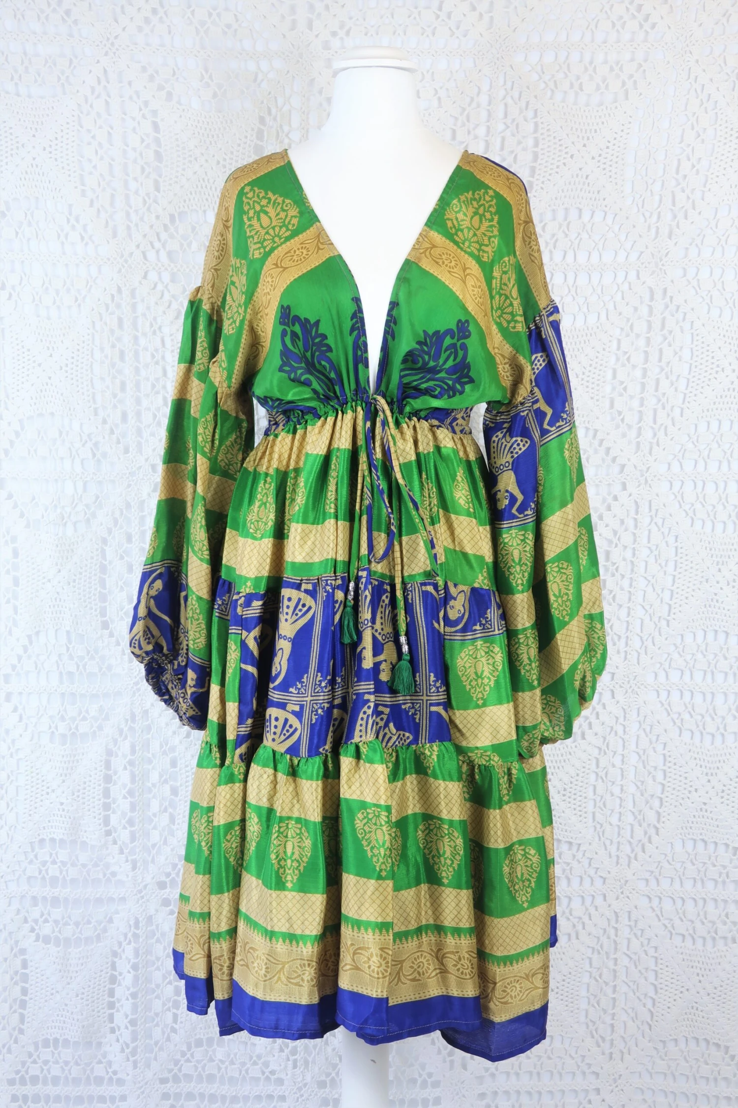 Gypsophila Mini Dress - Vintage Indian Sari - Green, Navy & Gold - Free Size 3 Gypsophila Mini Dress - Vintage Indian Sari - Green, Navy & Gold - Free Size - Image 3
