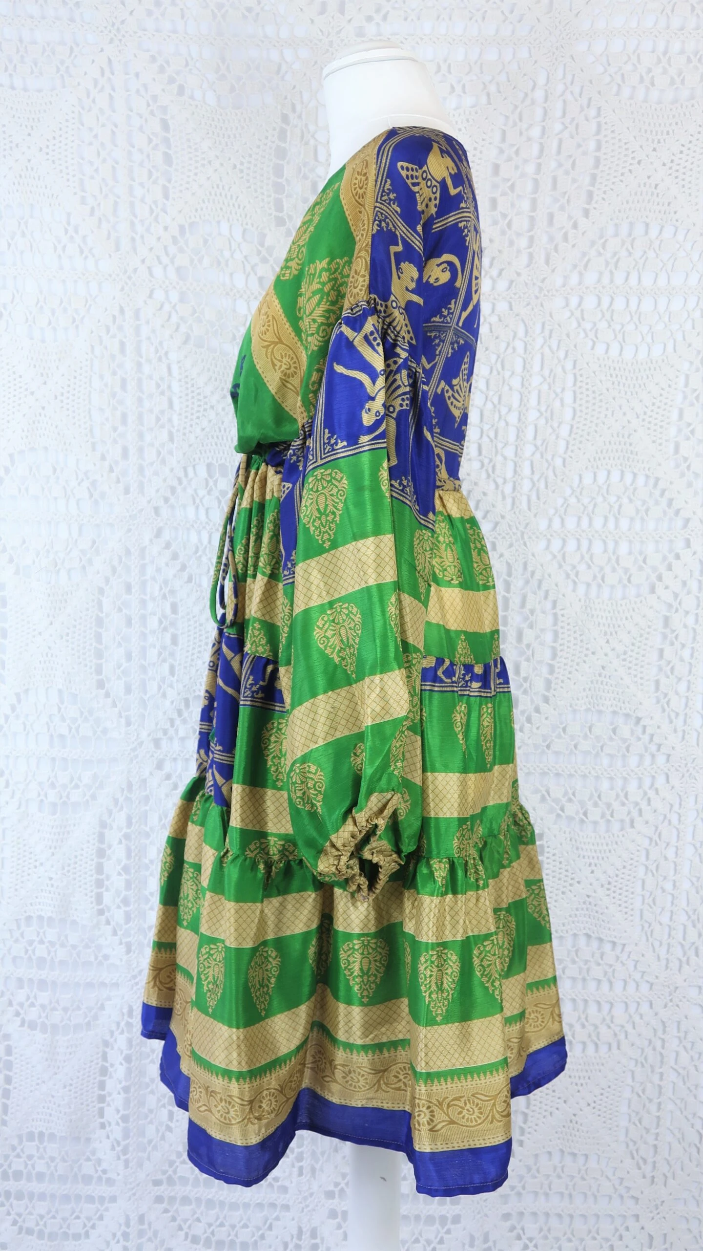 Gypsophila Mini Dress - Vintage Indian Sari - Green, Navy & Gold - Free Size 5 Gypsophila Mini Dress - Vintage Indian Sari - Green, Navy & Gold - Free Size - Image 5