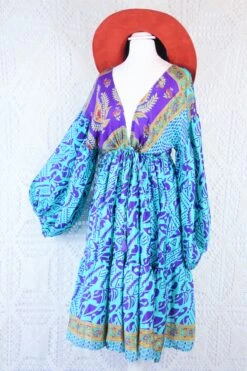 Gypsophila Mini Dress - Vintage Indian Sari - Aquamarine & Violet - Free Size