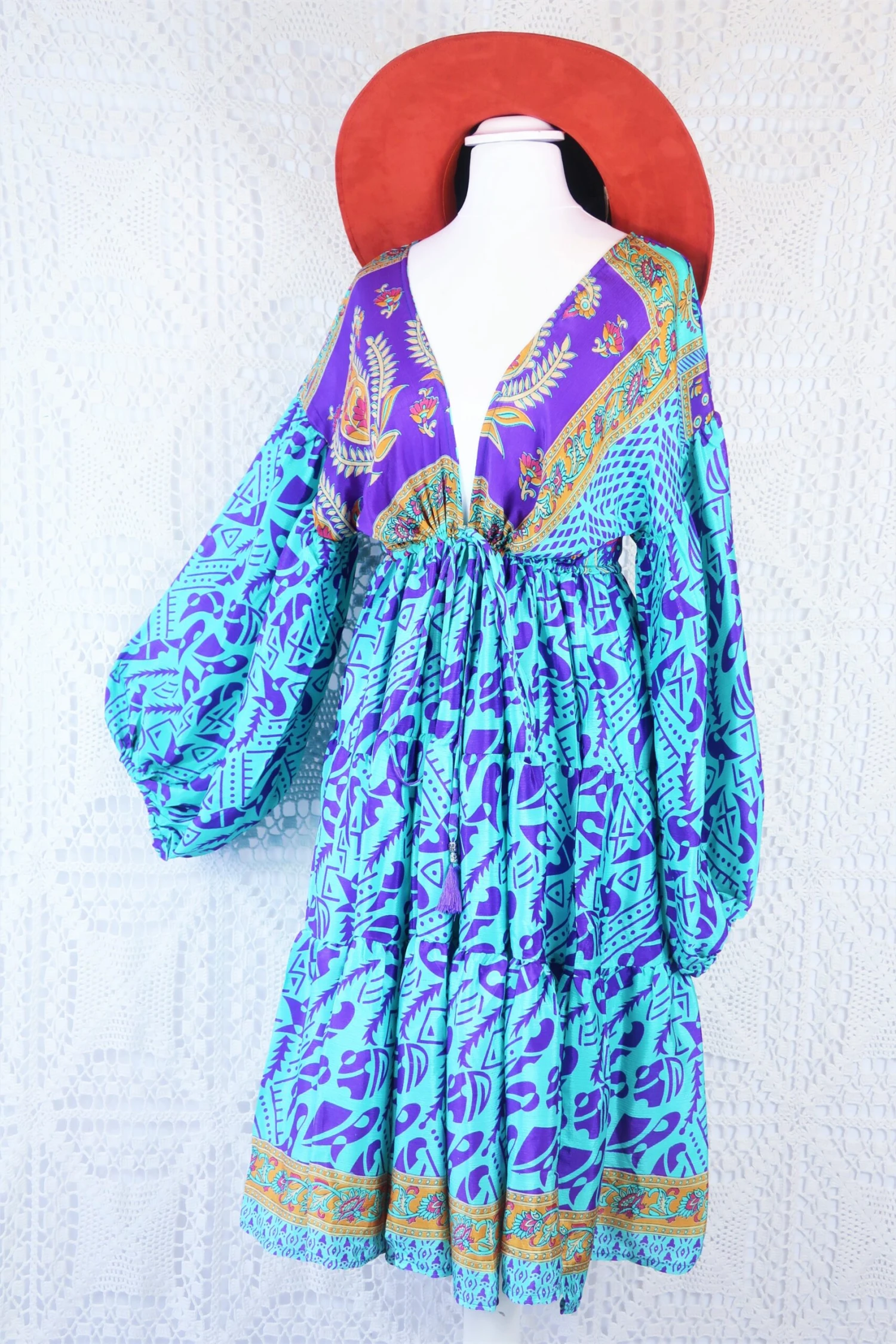 Gypsophila Mini Dress - Vintage Indian Sari - Aquamarine & Violet - Free Size 1 Gypsophila Mini Dress - Vintage Indian Sari - Aquamarine & Violet - Free Size