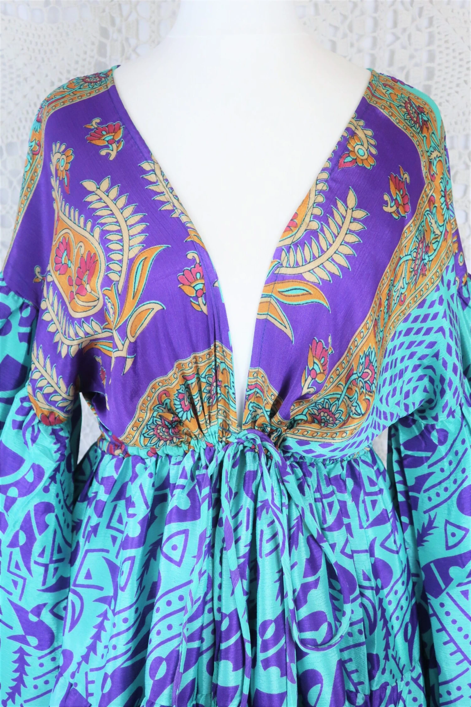 Gypsophila Mini Dress - Vintage Indian Sari - Aquamarine & Violet - Free Size 2 Gypsophila Mini Dress - Vintage Indian Sari - Aquamarine & Violet - Free Size - Image 2