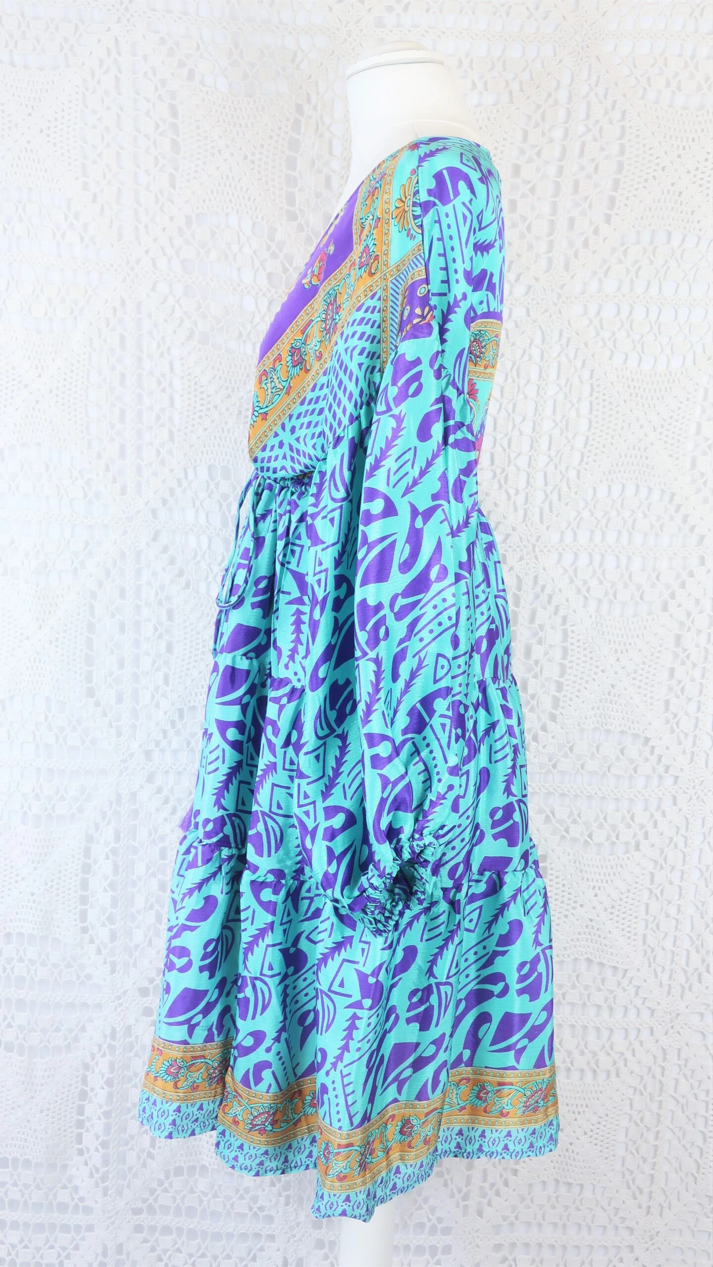Gypsophila Mini Dress - Vintage Indian Sari - Aquamarine & Violet - Free Size 5 Gypsophila Mini Dress - Vintage Indian Sari - Aquamarine & Violet - Free Size - Image 5